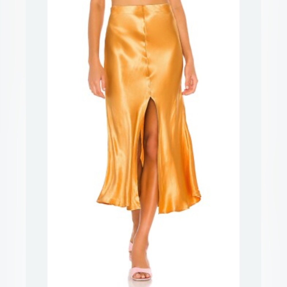 Bardot Midi Slip Skirt Tangerine Gold Orange Satin Front Slit Revolve US 6/S